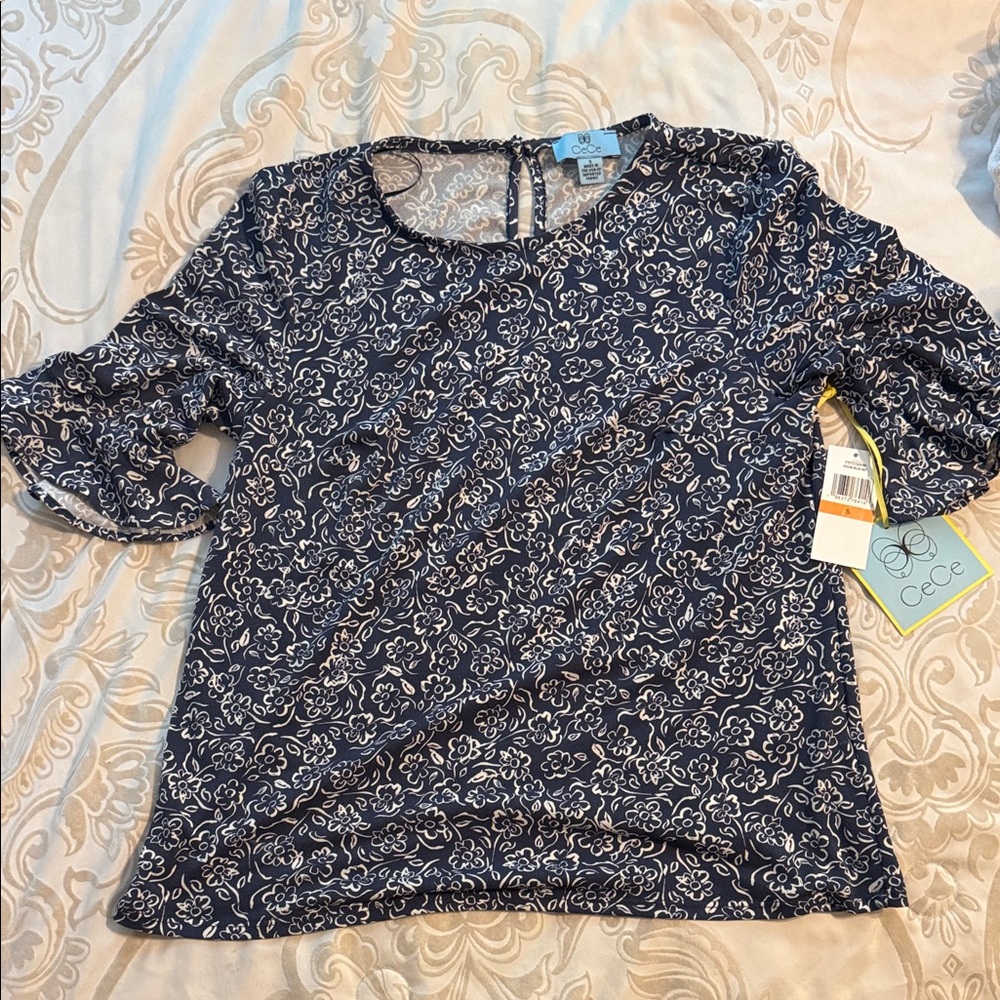 CeCe Navy and White Floral Scoop Neck Top